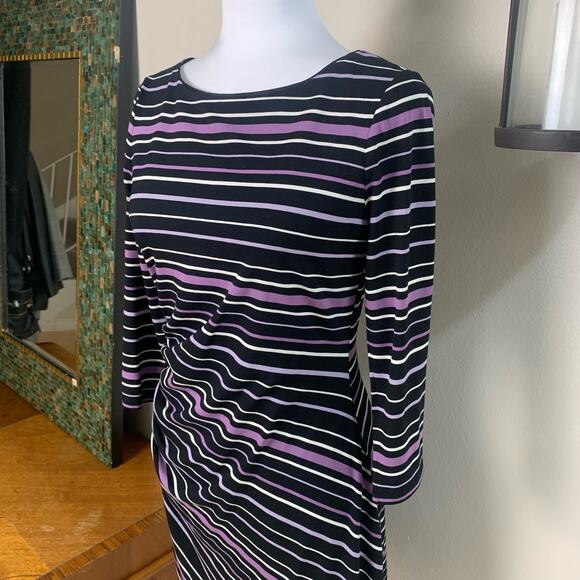 White House Black Market Sz S Ruched Sheath Dress Purple Black Striped Stretch - Picture 4 of 11